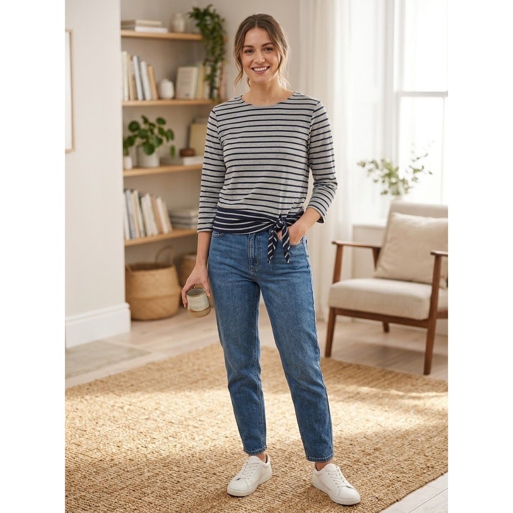 Striped Side Tie Jay Basics Gray Navy Cotton Blend Knit Top Size XS Extra Small